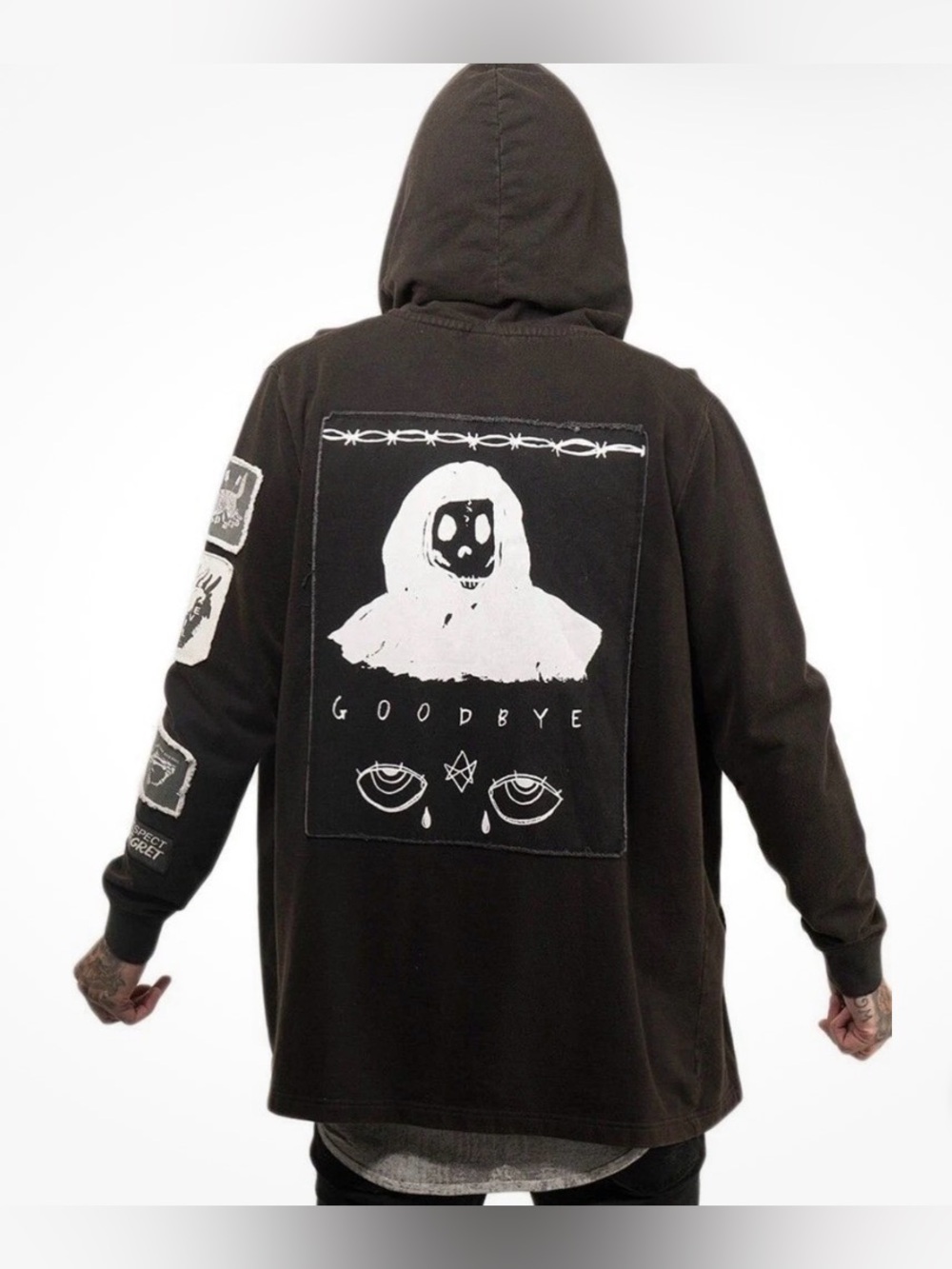 RARE! Drop Dead Black Zip-Up Gothic Oversized “ Trust “ Patch Hoodie L/XL